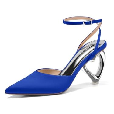 Imagem de Coutgo Sapatos femininos com salto gatinho fechado bico fino salto coração tira no tornozelo cetim sapatos vestidos casamento formatura, Azul royal, 38