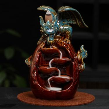 Imagem de HaisWonsa Queimador de incenso de dragão refluxo – Queimador de cachoeira de incenso de cerâmica com gotas, suporte de incenso de fonte de fumaça de dragão com cones, pinça e tapete de fogo para