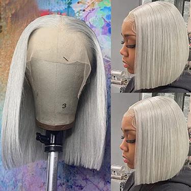 Imagem de Perucas de cabelo humano cinza curto bob, sem cola, 13 x 4 HD Lace Frontal Bob perucas com cabelo de bebê 35,5 cm 150% densidade colorida cinza liso perucas de cabelo humano para mulheres negras ponta