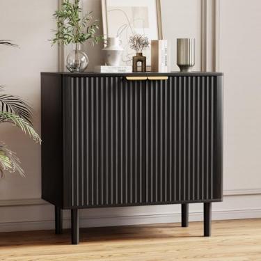 Imagem de Aparador buffet com armazenamento, credibilidade moderna com detalhes canelados, portas e prateleiras ajustáveis, mesa de console de bar de café de madeira para sala de estar, sala de jantar, cozinha