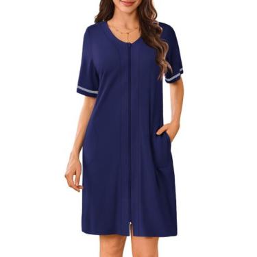 Imagem de Roupão de banho feminino Ekouaer com zíper, mangas curtas, azul marinh