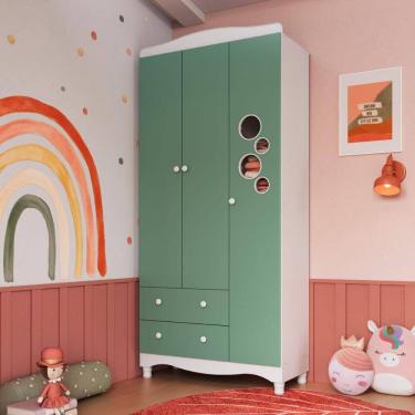 Imagem de Guarda Roupas Infantil 3 Portas e 2 Gavetas 91x40x198 cm Branco e Verde Completa Móveis