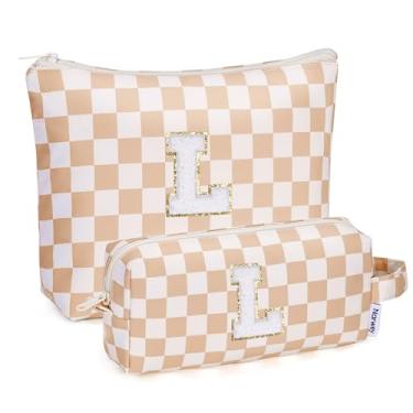 Imagem de Narwey Bolsa de maquiagem com inicial personalizada, 2 peças, xadrez, presentes de aniversário, presentes para meninas, itens modernos 6, 8, 10, 11, 12, 13, 14, 16, 18 anos, bolsa de higiene pessoal