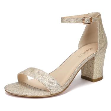 Imagem de DOBOLIN Sandálias femininas de salto aberto, tira no tornozelo, 6 cm, salto grosso, sapatos sociais, adequados para pés largos, Glitter dourado, 8 Wide