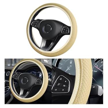 Imagem de Wuyaoyao Capa de volante de couro, antiderrapante, protetor de volante de carro, envoltório universal para rodas de 38 cm, acessórios de decoração de interiores de carro para mulheres e homens (bege)