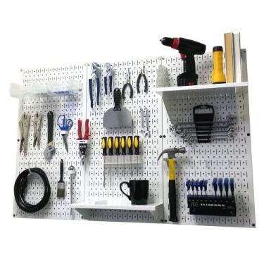 Imagem de Wall Control 30-WRK-400 WW Pegboard Organizer Kit de armazenamento de ferramentas padrão de metal com placa de ferramentas branca e acessórios brancos