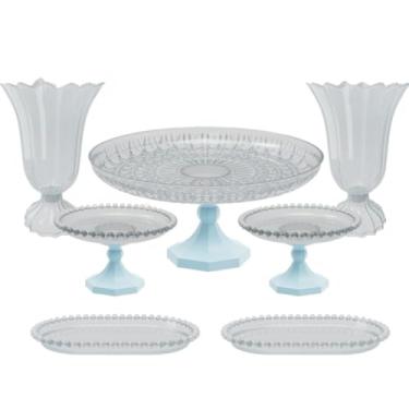 Imagem de Kit Cristal boleira lapidada 24x11+2 vasos popi+2 mini boleiras perola+ 2 bandejas perola 20x13 cm(AZC - AZUL CANDY)