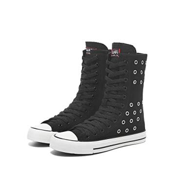 Imagem de Momuk Tênis feminino de lona de cano alto com cadarço moderno e casual para meninas, Preto-07, 33 BR