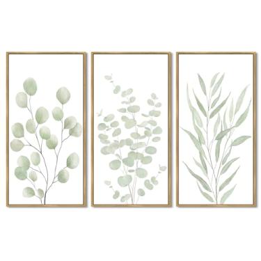 Imagem de KUVIOKE Arte de parede emoldurada de folhas botânicas verde-claro verde sálvia eucalipto ilustrações arte moderna para sala de estar quarto 20 x 40 cm 3 peças moldura natural