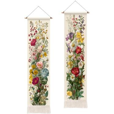 Imagem de BVBOX 2 peças de tapeçaria floral vertical, tapeçarias de borla preta para pendurar na parede vertical, decoração de casa para sala de estar, quarto