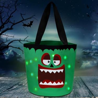 Imagem de Balde de abóbora com luz de LED, cesta de doces reutilizável dobrável, sacos de presente de tecido para festas de Halloween (ciano)