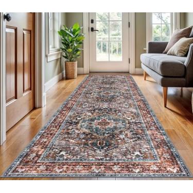 Imagem de KOZYFLY Tapete de área 10 x 3 m lavável Boho Runner tapete para entrada corredor interior impresso tapete de lã sintética para quarto cozinha hall, tijolo vermelho/laranja/verde