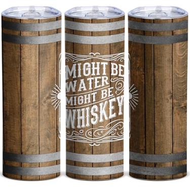 Imagem de Copo engraçado para homens, caneca de viagem fina isolada de aço inoxidável de 590 ml com tampa, copo vintage de design de barril de uísque de madeira, presentes para homens e amantes de uísque