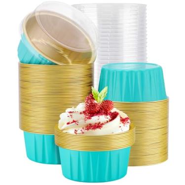 Imagem de EUSOAR Forros de cupcake pretos, 100 peças de 142 g Creme Brulee Ramekins recipientes descartáveis para pão de pão, ramekin de alumínio com tampas, mini formas de bolo de queijo pudim para sobremesa