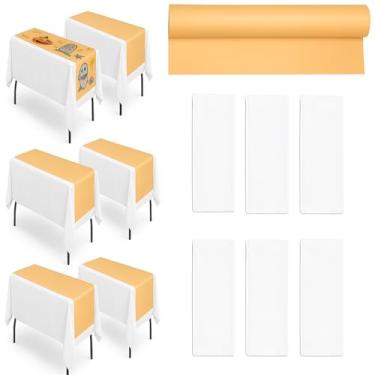 Imagem de Oudain Pacote com 6 toalhas de mesa brancas de plástico 137 x 274 cm, capa de mesa descartável, rolo de papel de embrulho Kraft marrom 43,2 cm x 98' (1181') para presente de artesanato, quadro de