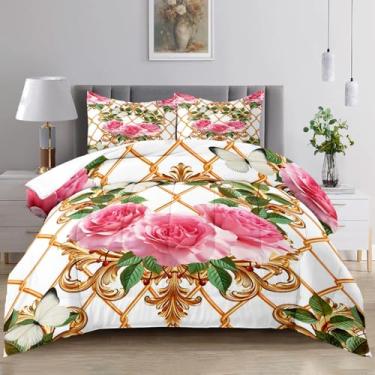 Imagem de Raphus cucullatus Conjunto de edredom floral, tamanho solteiro, flor rosa, rosa botânica, lindo conjunto de edredom floral