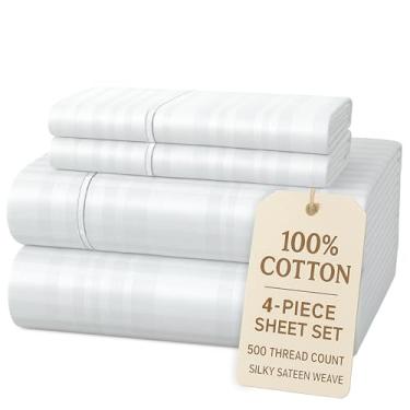 Imagem de Casa Platino Jogo de lençol solteiro 100% algodão - 4 peças (1 lençol plano, 1 elástico, 2 fronhas) - Listrado 500 fios - Lençóis de cama de cetim ultra suave com bolsos profundos de 38 cm - Jogo de