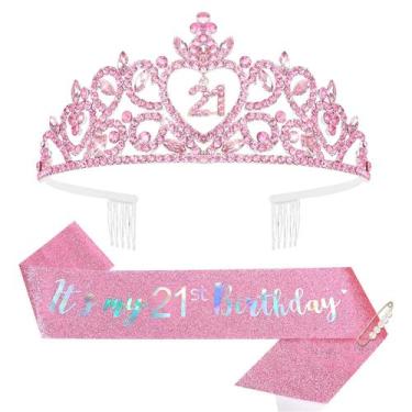 Imagem de Decorações de aniversário Araluky Pink 21st com faixa e coroa para ela