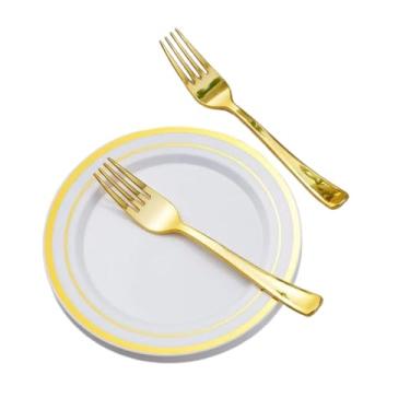 Imagem de Kit 100 Peças Pratos e Garfos Descartáveis Dourados – 50 Pratos de Sobremesa 19cm + 50 Garfos 18,5cm – Plástico Resistente BPA Free para Festa, Casamento e Eventos