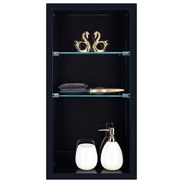Imagem de Nicho Vertical em Porcelanato Polido (Preto Absoluto) - 2 Prateleiras de Vidro, Borda em Alumínio, 60x30x11 cm, Para Banheiro, Organizador de Produtos de Higiene