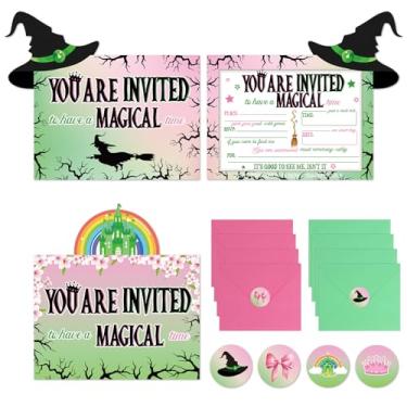 Imagem de 24 pacotes de decorações de festa de bruxa tema rosa e verde cartão de convite de aniversário com envelopes chapéu de bruxa princesa adesivo para crianças fãs de filmes musicais decorações de festa de