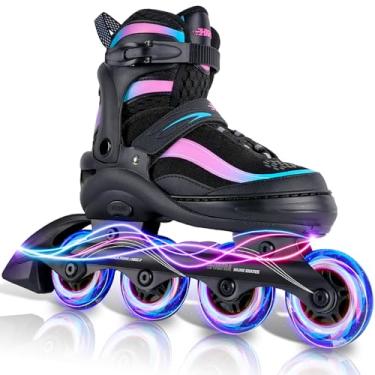 Imagem de Patins em linha iluminados com LED para crianças de 4 a 12 anos | Lâminas de rolo ajustáveis de 4 tamanhos com travas de segurança triplas, rodas de poliuretano 82A e rolamentos ABEC-7 | Presente de