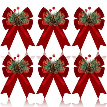 Imagem de Syhood 6 peças de laço de veludo de Natal com pinhas, agulhas de pinheiro, bagas, Natal, vinho, fita vermelha, ornamentos de laço 15 x 12 cm para árvore de Natal, guirlanda, jardim, lareira