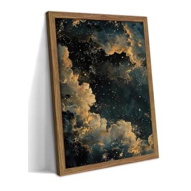 Imagem de Arte de parede celestial vintage temperamental, pinturas abstratas de decoração de parede de nuvem de academia escura, maximalista dourado céu noturno estrelas, pôsteres impressos imagens para sala de