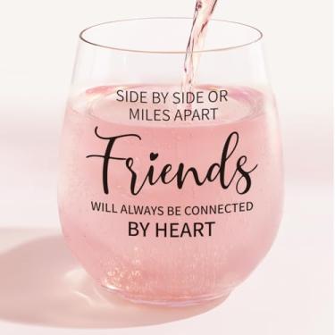 Imagem de Presentes de aniversário para mulheres amizade – taças de vinho, "Side by Side or Miles Apart Friends will Always be Connected by Heart" – Taça de vinho resistente a arranhões, presentes de