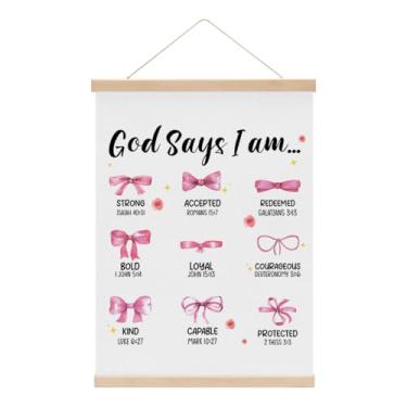 Imagem de Faixa de pendurar na parede com laço rosa, decoração de parede God Says I Am Bows, coquette para quarto de bebê, quarto de meninas, banheiro, quarto, versículos da Bíblia cristã, moldura de pôster