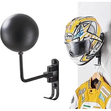 Imagem de Suporte de capacete de motocicleta, suporte de parede preto, com 2 ganchos para jaqueta, acessórios, chaves. Gira 180 graus. Para todos os tipos de capacetes