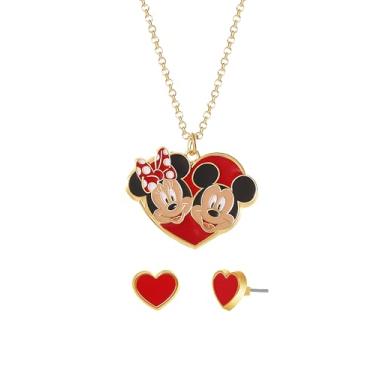 Imagem de Disney Conjunto de joias Minnie Mouse Licença oficial, colar com pingente dourado e esmaltado e brincos combinando, Fantasia, Sem Pedra Preciosa