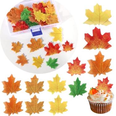 Imagem de Rsstarxi Pacote com 111 folhas de outono comestíveis, topos de cupcake, folhas douradas, folhas de bordo de outono, papel de arroz, decorações de alimentos para decoração de bolo de festa de