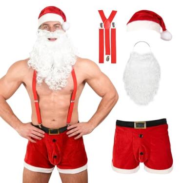 Imagem de lckellong 4 peças de lingerie masculina sexy de Natal conjunto de cuecas boxer exóticas Papai Noel fantasia de Papai Noel roupa íntima chapéu, Vermelho-Hz-S, P