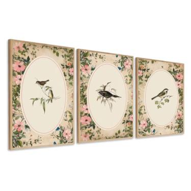 Imagem de Quadros Decorativos Passaros Geometrico Rosas sala quarto Com Moldura (Moldura Bege, 40x60, Sem Vidro)