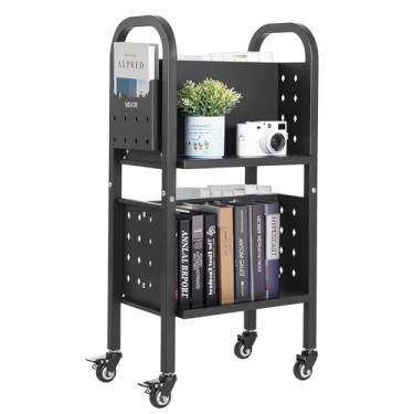 Imagem de VEVOR Carrinho de livros Rolling Library, capacidade de 68 kg, 17,7 x 13 x 34,6 polegadas, prateleiras dupla face em forma de L com rodas bloqueáveis de 5 cm, caminhão de livros para prateleiras