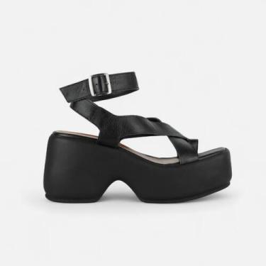 Imagem de Sandália Feminina Cami Plataforma em Couro legítimo Preto com Salto Al