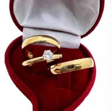 Imagem de "Par de Alianças Banhadas a Ouro 18K com Anel Solitário de Zircônia: A