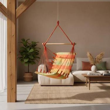 Imagem de Cadeira de Balanço Rede Suspensa Acolchoada Madeira Resistente Tecido 