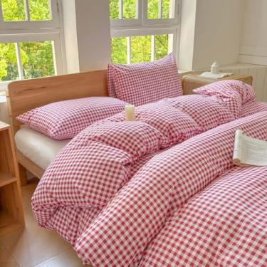 Imagem de NSNLGSGC Conjunto de capa de edredom queen com grade de guingão vermelho, 100% algodão lavado, xadrez, ultramacio, leve (3 peças, Queen)