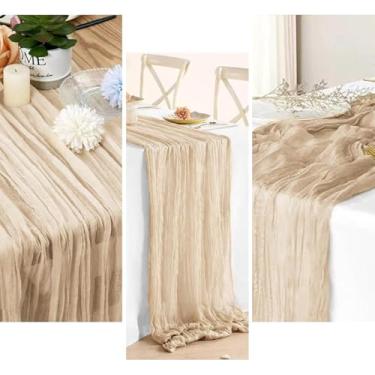 Imagem de Caminho de mesa de gaze 35 x 120 polegadas 3 m boho rústico gaze para festa de casamento, decoração de férias, pacote com 1 (bege)
