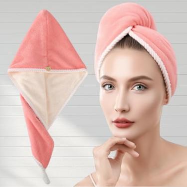 Imagem de Toalha de cabelo Toalha de secagem de cabelo com turbante de botão, cabeça para secar o cabelo rapidamente (rosa e branco)