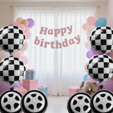 Imagem de 12 balões de pneu preto e branco, balão quadriculado de 45,7 cm, balão, roda, balão, revelação de gênero, tema de corrida, decoração de festa de aniversário, suprimentos de festa