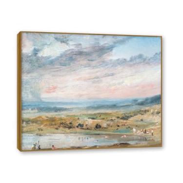 Imagem de NHLDZYH Moldura de teca. Arte de parede John Constable, (lagoa e banhistas), pôster de pinturas famosas, decoração de parede com impressão de imagem retrô de romantismo. 80 x 96 cm - 31,4 x 37,8 pol