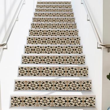 Imagem de PLIGREAT Adesivos de escada com 15 tiras, adesivos de escada de azulejo marroquino que descascam e colem adesivos de escada 18 cm x 99 cm autoadesivos de vinil vintage para decoração de casa e hotel