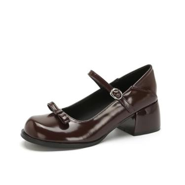 Imagem de YGJKLIS Tênis feminino de couro envernizado confortável bico redondo 5 cm salto baixo sem cadarço leve tira no tornozelo salto alto, Marrom, 36