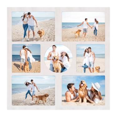 Imagem de YESKAY Moldura de colagem de 12 x 12 x 12 cm, moldura de 7 aberturas, moldura de madeira branca rústica com vidro verdadeiro, molduras de família, decoração de parede ou mesa (pacote com 1)