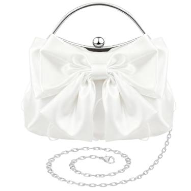 Imagem de Dansydaisy Coquette Bolsa clutch feminina plissada com laço de cetim bolsa de noite com corrente transversal para festa de casamento, Branco