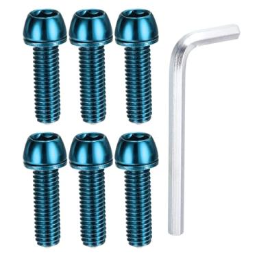 Imagem de PATIKIL Parafusos de haste de bicicleta M6 x 20 mm, 6 parafusos sextavados cônicos com arruelas e chave para haste de bicicleta de estrada BMX MTB, azul