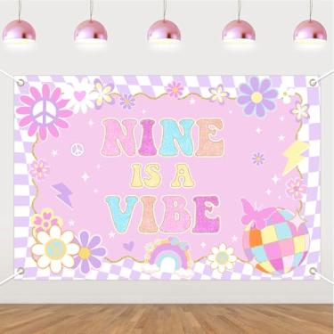 Imagem de Banner de fundo Nine is A Vibe 1,5 x 0,9 m roxo rosa Groovy 9º aniversário decorações boho hippie 9º aniversário decorações retrô festa discoteca fundo foto margarida arco-íris decorações para meninas